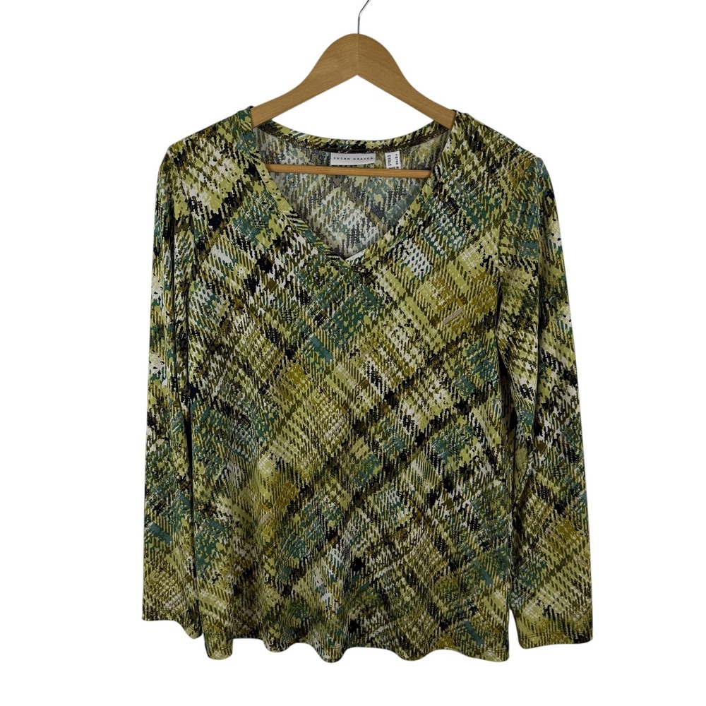 Susan Graver Liquid Knit Abstract Plaid Blouse Small Artsy Stretch Comfy Office